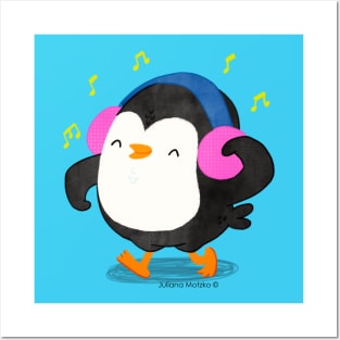 Happy Penguin with a Headphone Posters and Art